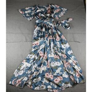 Baltic Born Dress Womens L Sicily Satin Maxi Dress Slit Floral Print Front Slits